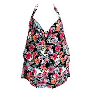 Catalina Plus Size 3X Swim Top Halter‎ Tie Neck Floral Pink Black Swimsuit 1668